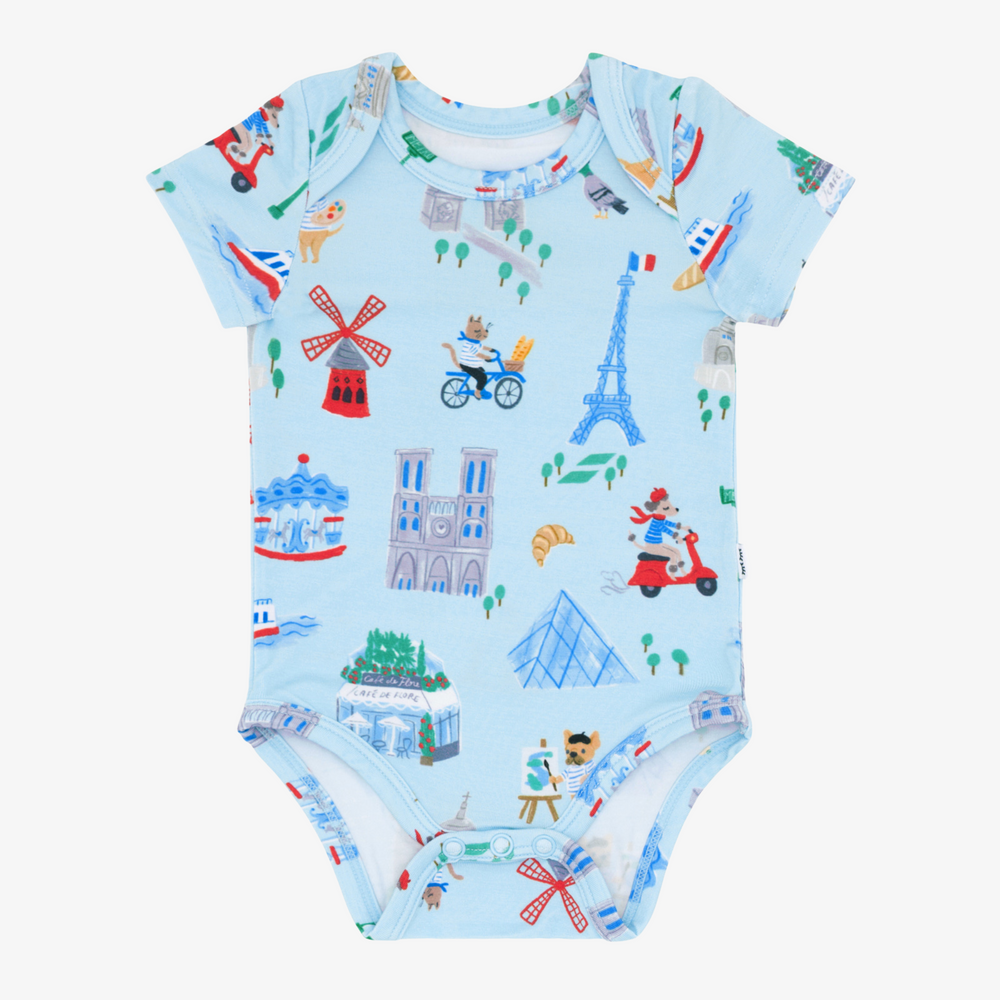 Flat lay image of the Blue Weekend n Paris Short Sleeve Bodysuit