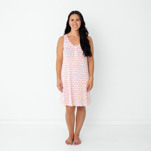 Standing woman wearing the Pastel Rainbows Women's Tank Nightgown
