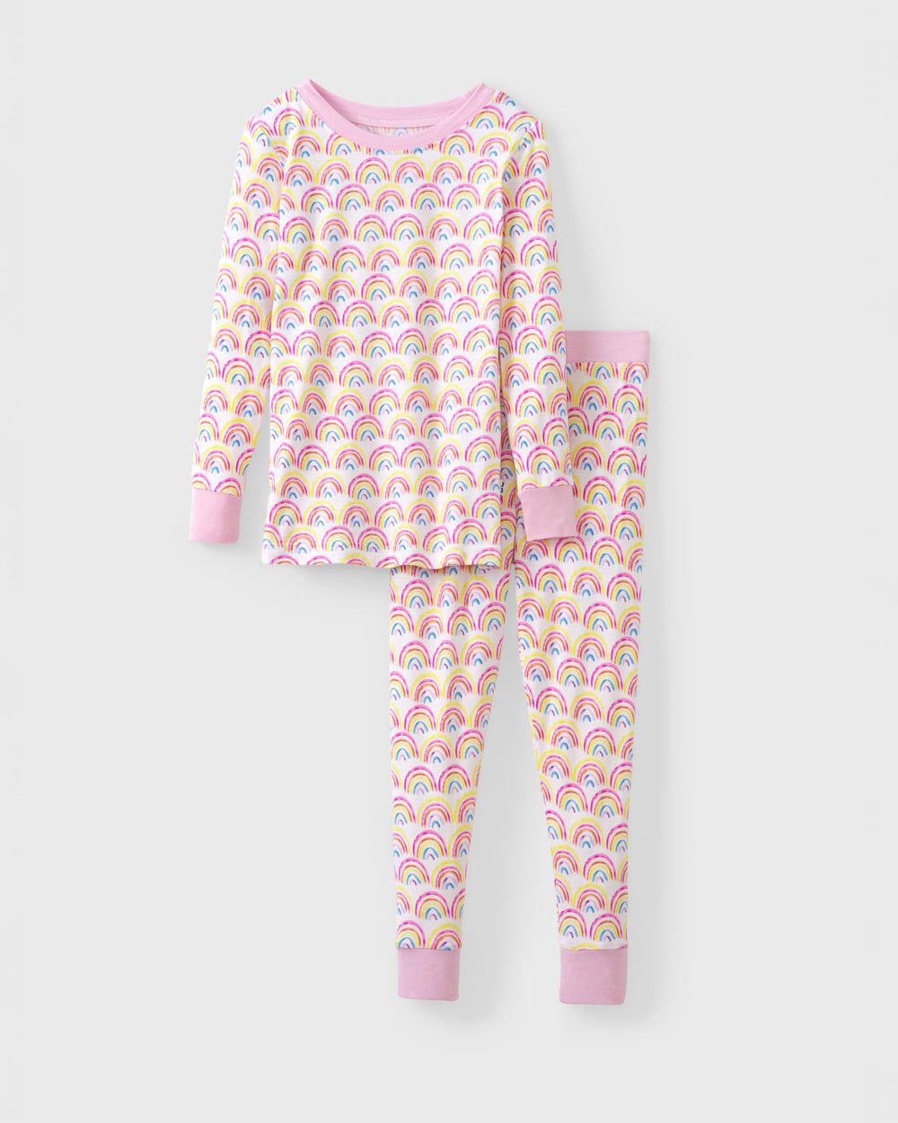 Flat lay of the Pastel Rainbows Two-Piece Pajama Set