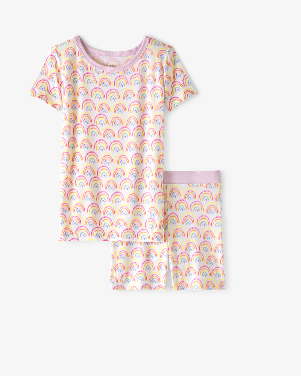Flat lay of the Pastel Rainbows Two-Piece Short Sleeve & Shorts Pajama Set