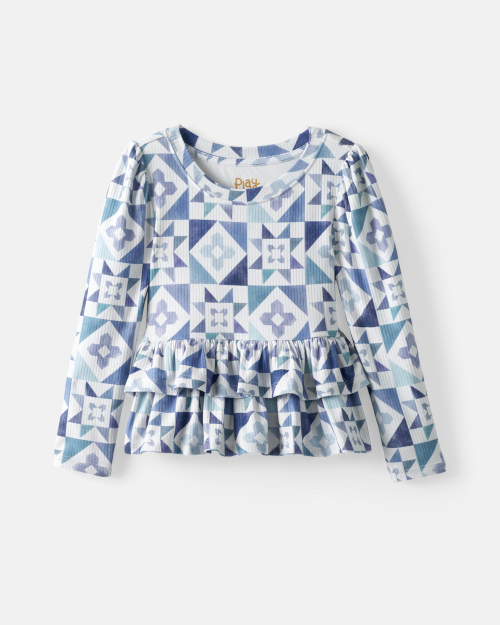 Flat lay of the Patchwork Indigo Ribbed Peplum Top