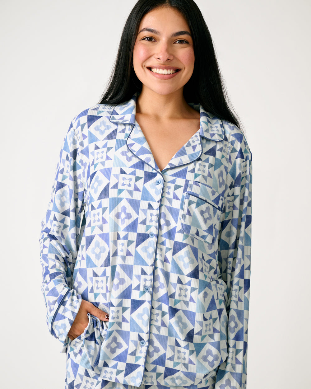 Close up of woman wearing the Patchwork Indigo Women's Ribbed Pajama Set