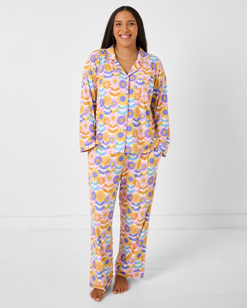 Woman wearing the Petal Power Women's Long Sleeve Pajama Set