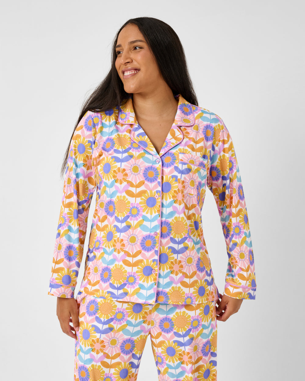Close up of woman wearing the Petal Power Women's Long Sleeve Pajama Set