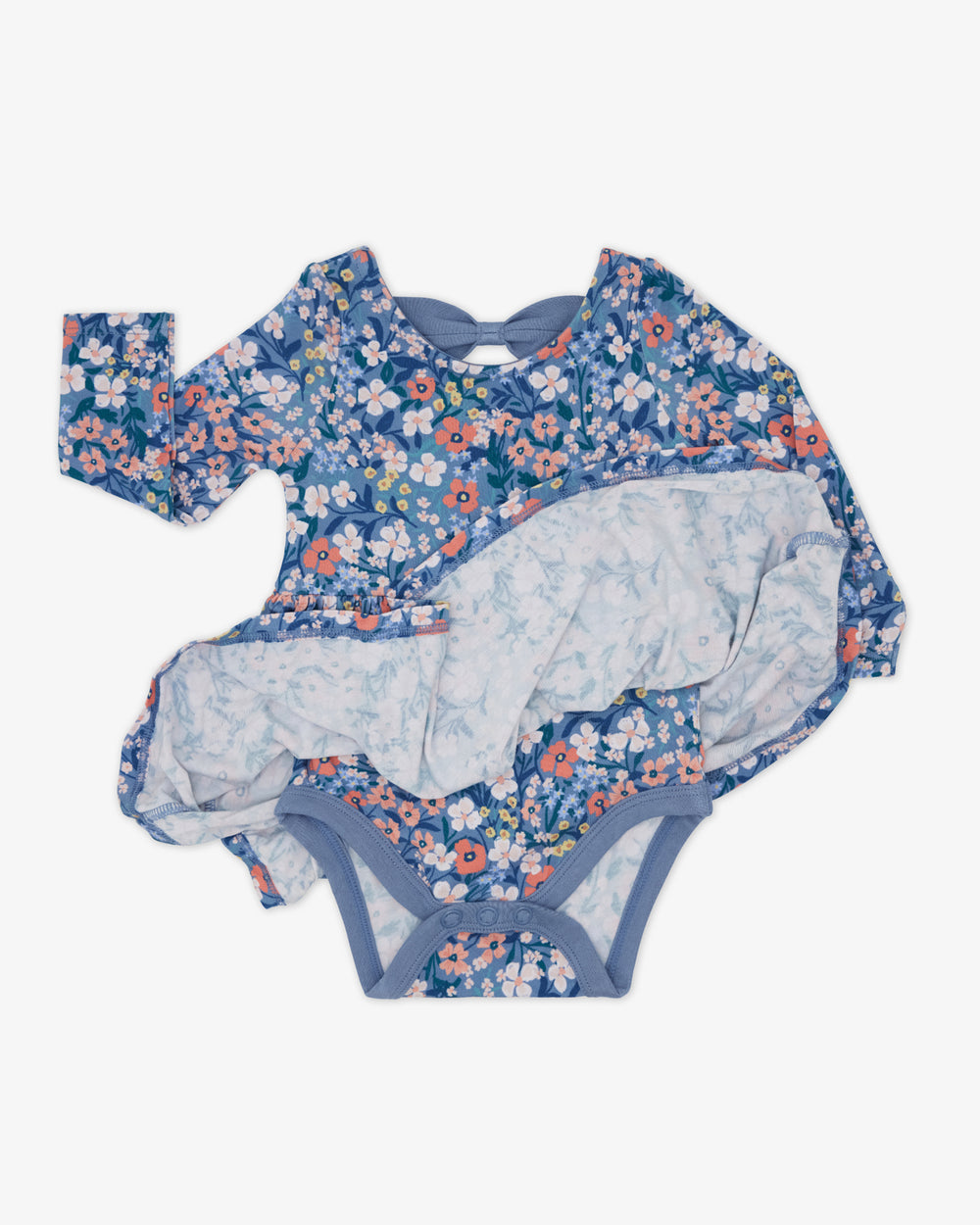 Flat lay of the Petite Petals Bow Back Skater Dress with Bodysuit showing the bodysuit feature