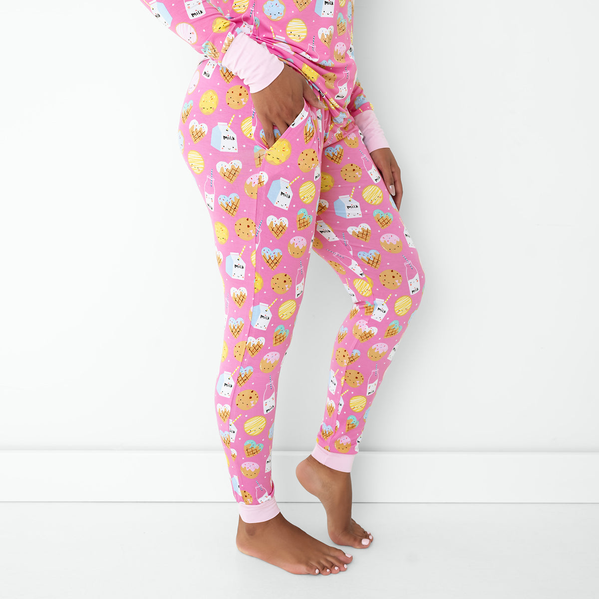 Side view of the Pink Cookies & Milk Women's Pajama Pants