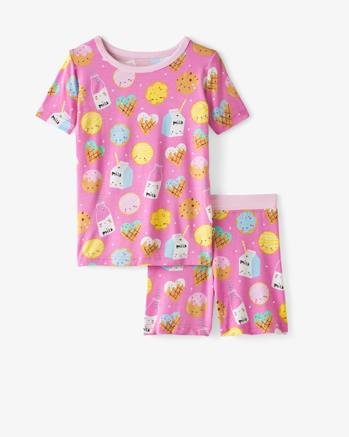 Flat lay of the Pink Cookies & Milk Two-Piece Short Sleeve & Shorts Pajama Set
