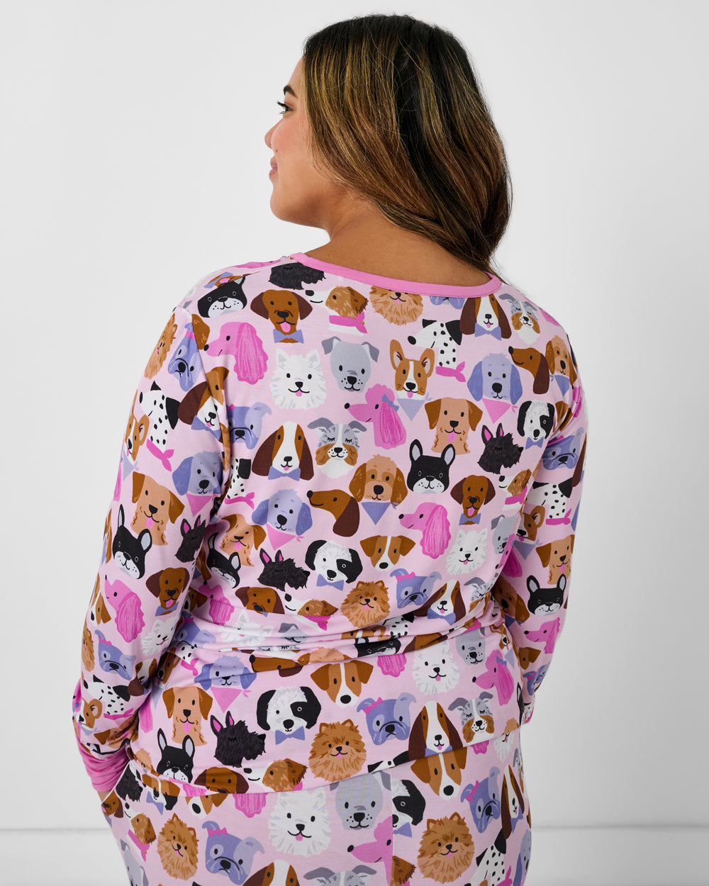 Back view of woman wearing the Pink Puppy Parade Women's Long Sleeve Pajama Top