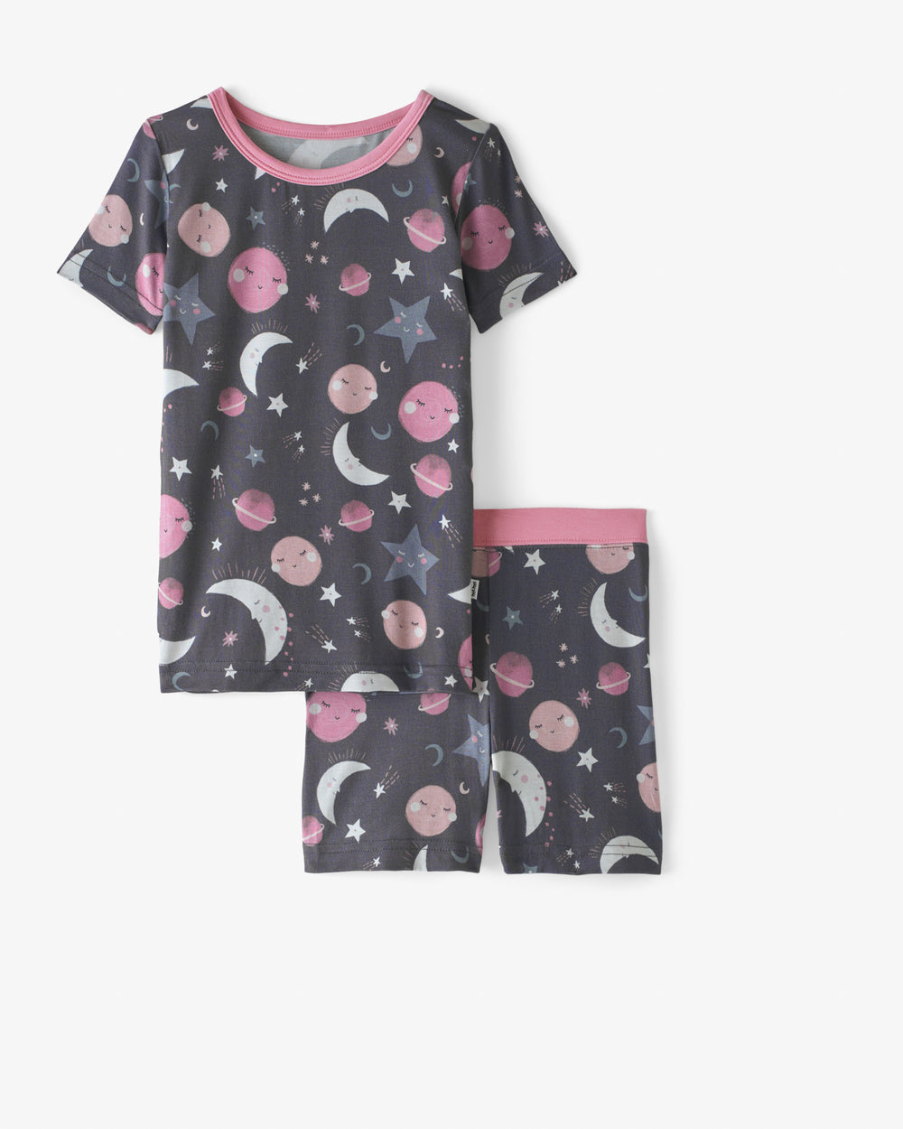 Flat lay of the Pink To the Moon & Back Two-Piece Short Sleeve & Shorts Pajama Set