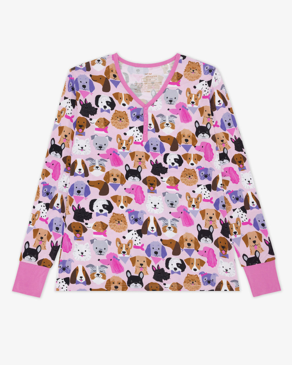 Flat lay of the Pink Puppy Parade Women's Long Sleeve Pajama Top