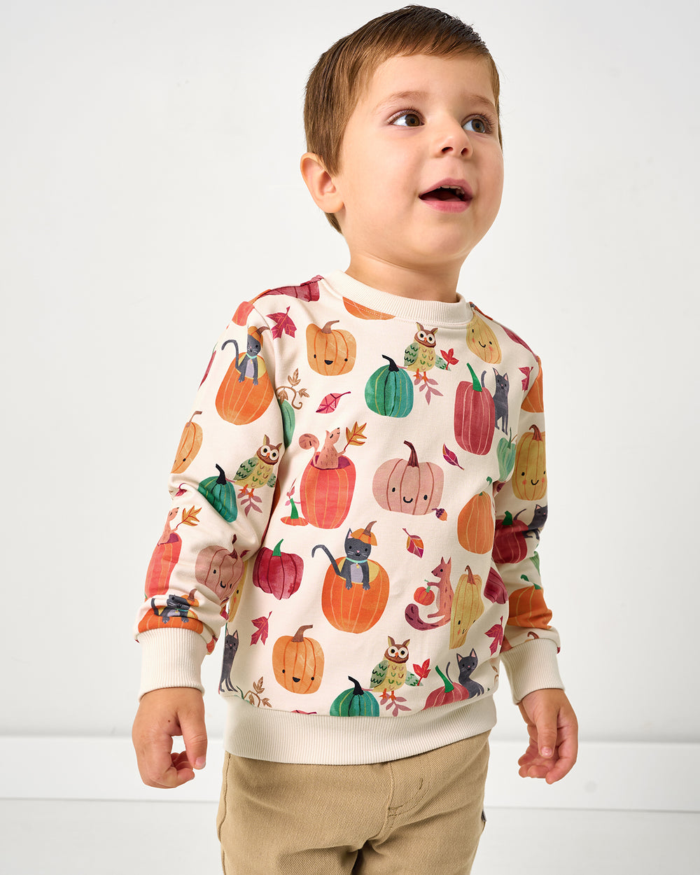 Boy wearing the Pumpkin Pals Crewneck Sweatshirt