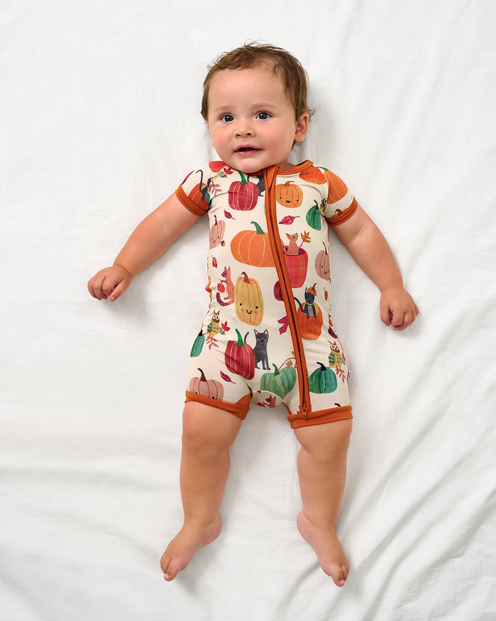 Aerial view of baby wearing the Pumpkin Pals Shorty Zippy