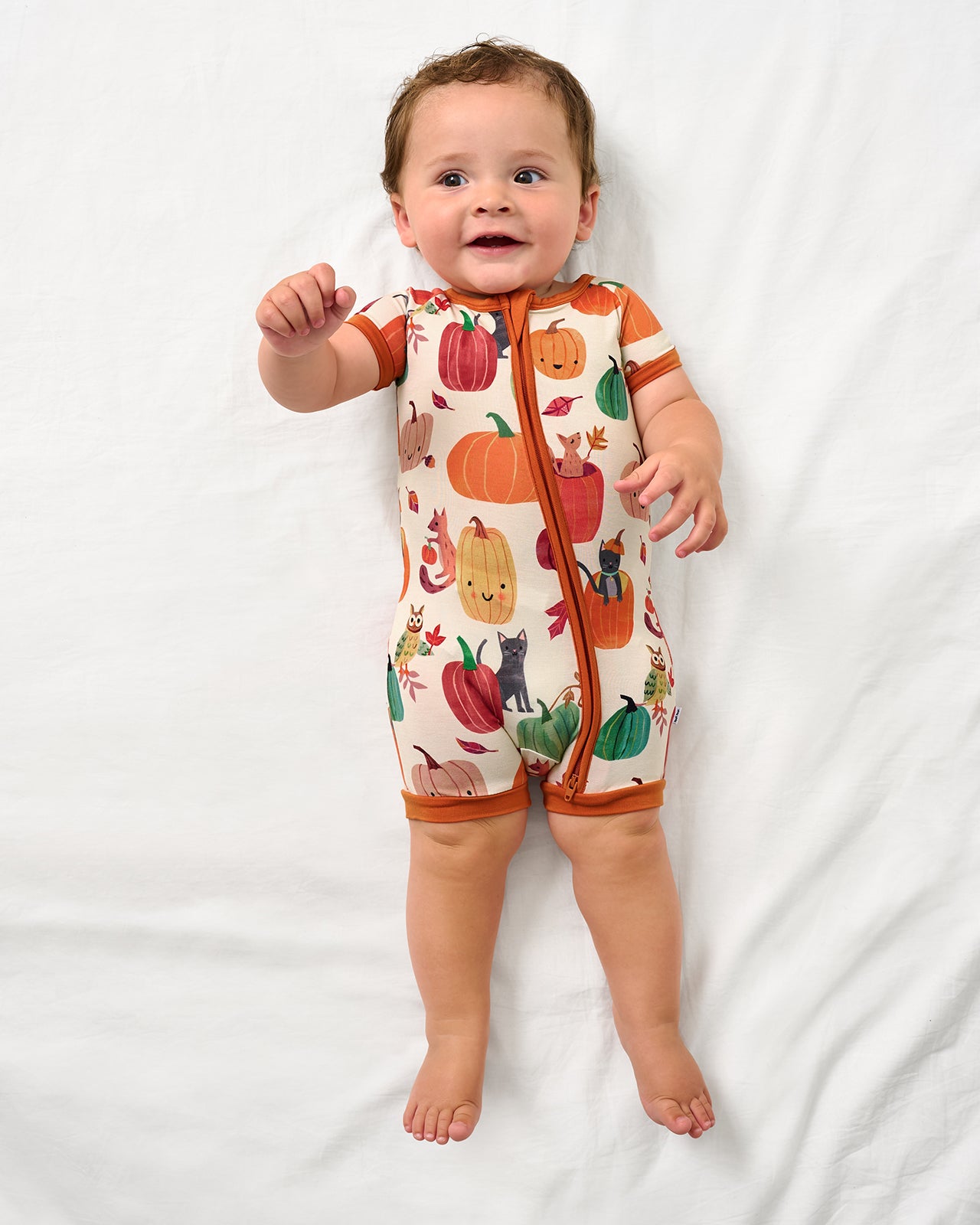 Alternate aerial view of baby wearing the Pumpkin Pals Shorty Zippy