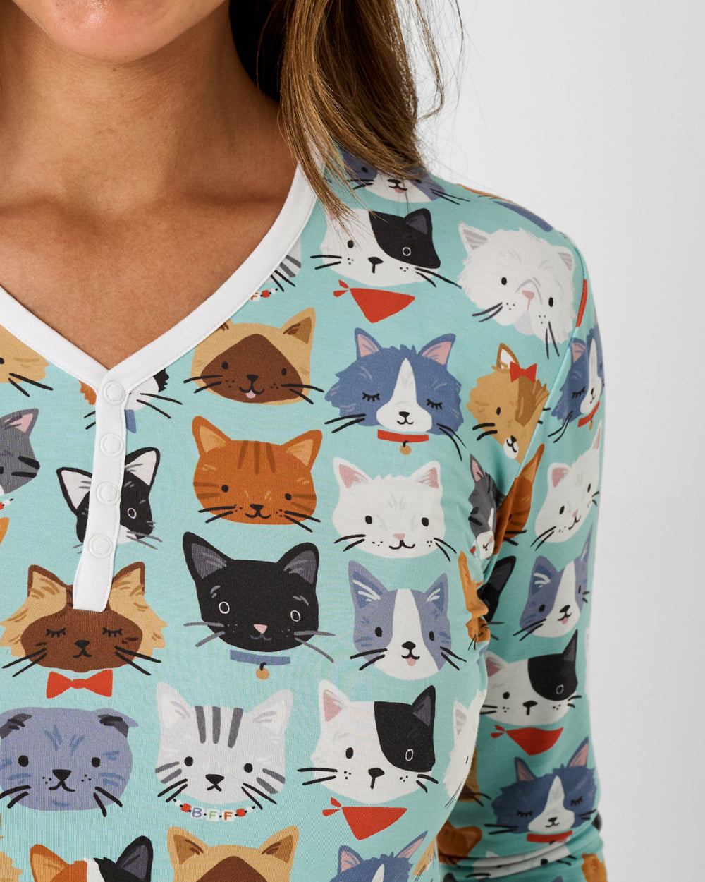 Close up of the henley buttons on the Purrfect Pals Women's Long Sleeve Pajama Top