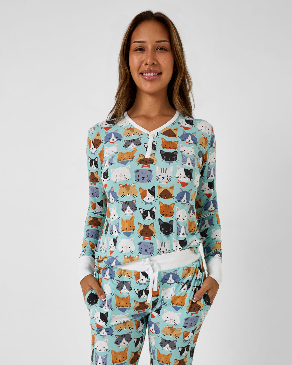 Woman wearing the Purrfect Pals Women's Long Sleeve Pajama Top