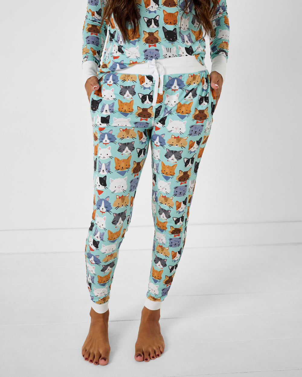 Woman wearing the Purrfect Pals Women's Pajama Pants