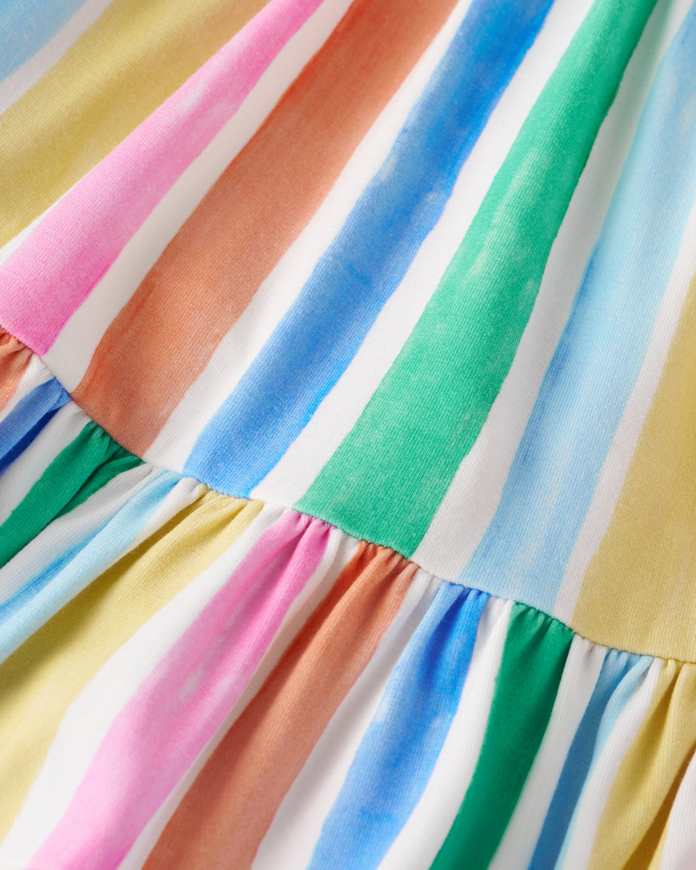 Close up of the skirt detail on the Rainbow Ribbon Smocked Tank Dress