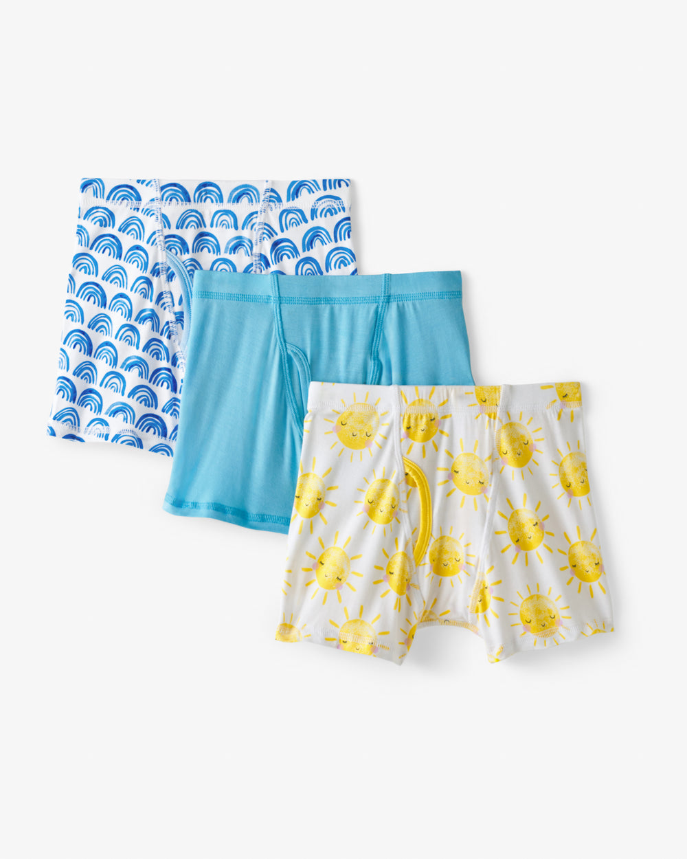 Flat lay of the Rainbows & Sunshine Boy's Bamboo Viscose Boxer Brief Underwear - 3 Pack