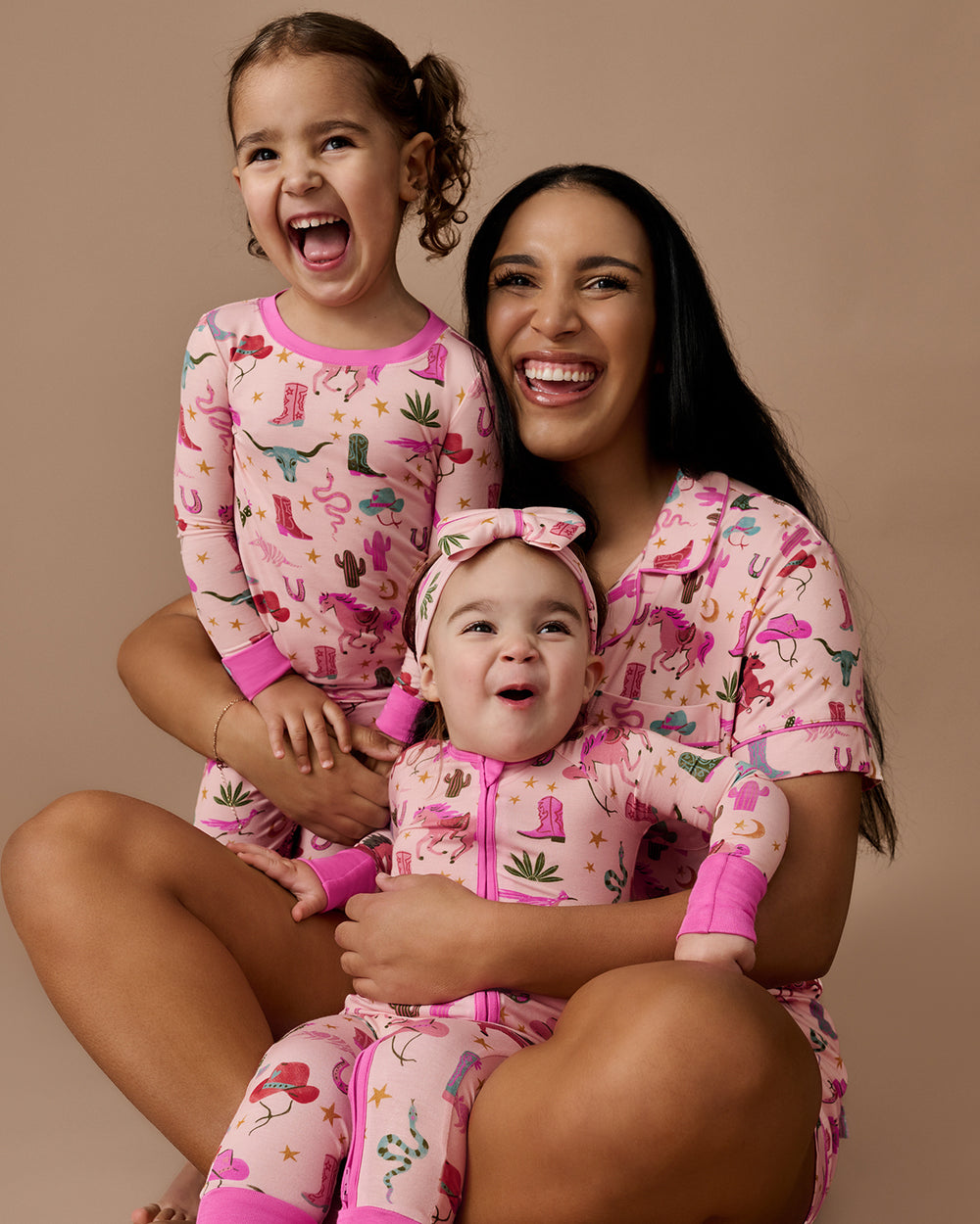 Mother and two daughters wearing the Pink Rancher Roundup Women's Short Sleeve & Shorts Pajama Set