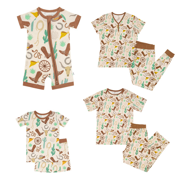 Composite flat lay image of Caramel Ready to Rodeo family matching pajamas