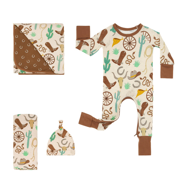 Composite flat lay image of a Caramel Ready to Rodeo Crescent Zippy, Large Cloud Blanket, and Swaddle and Hat Set