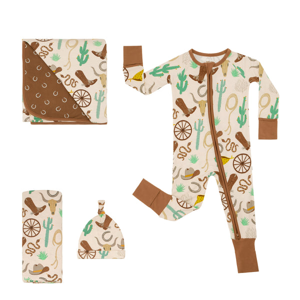 Composite flat lay image of a Caramel Ready to Rodeo Zippy, Large Cloud Blanket, and Swaddle and Hat Set