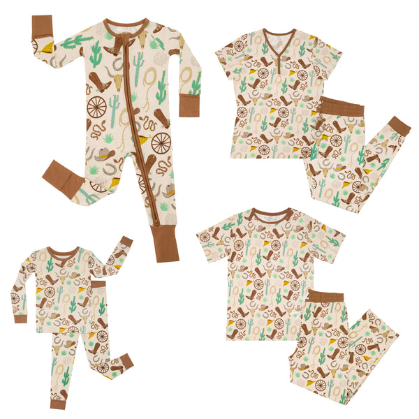 Composite flat lay image of Caramel Ready to Rodeo family matching pajamas