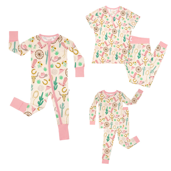 Composite flat lay image of a Pink Ready to Rodeo Zippy, Two-Piece Pajama Set, Women's Short Sleeve Pajama Top, and Women's Pajama Pants