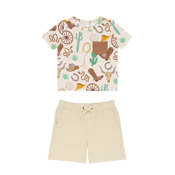 Composite flat lay image of a Caramel Ready to Rodeo Pocket Tee and Light Khaki Chino Shorts