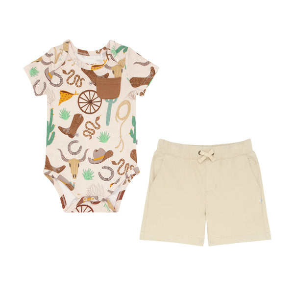 Composite flat lay image of a Caramel Ready to Rodeo Pocket Bodysuit and Light Khaki Chino Shorts