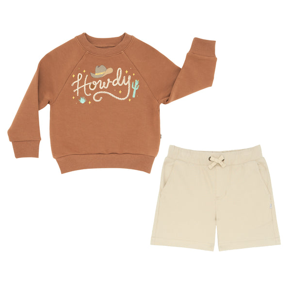 Composite flat lay image of a Howdy Crewneck Sweatshirt and Light Khaki Chino Shorts