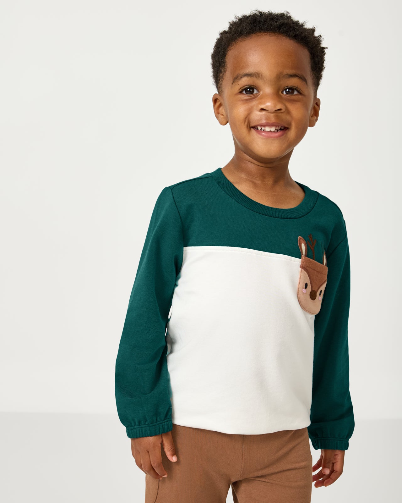 Alternate boy wearing the Reindeer Cinched Pocket Sweatshirt