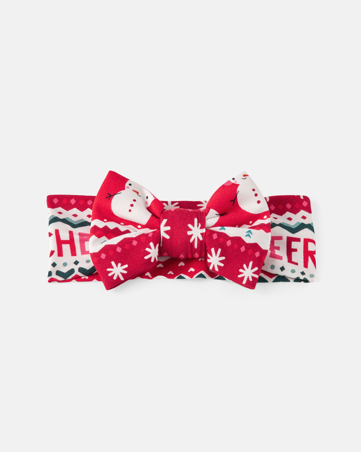 A festive red holiday bow tie with a matching elastic headband, featuring a snowman, snowflakes, and the word 'CHEER' in white and dark green patterns, set against a light gray background.