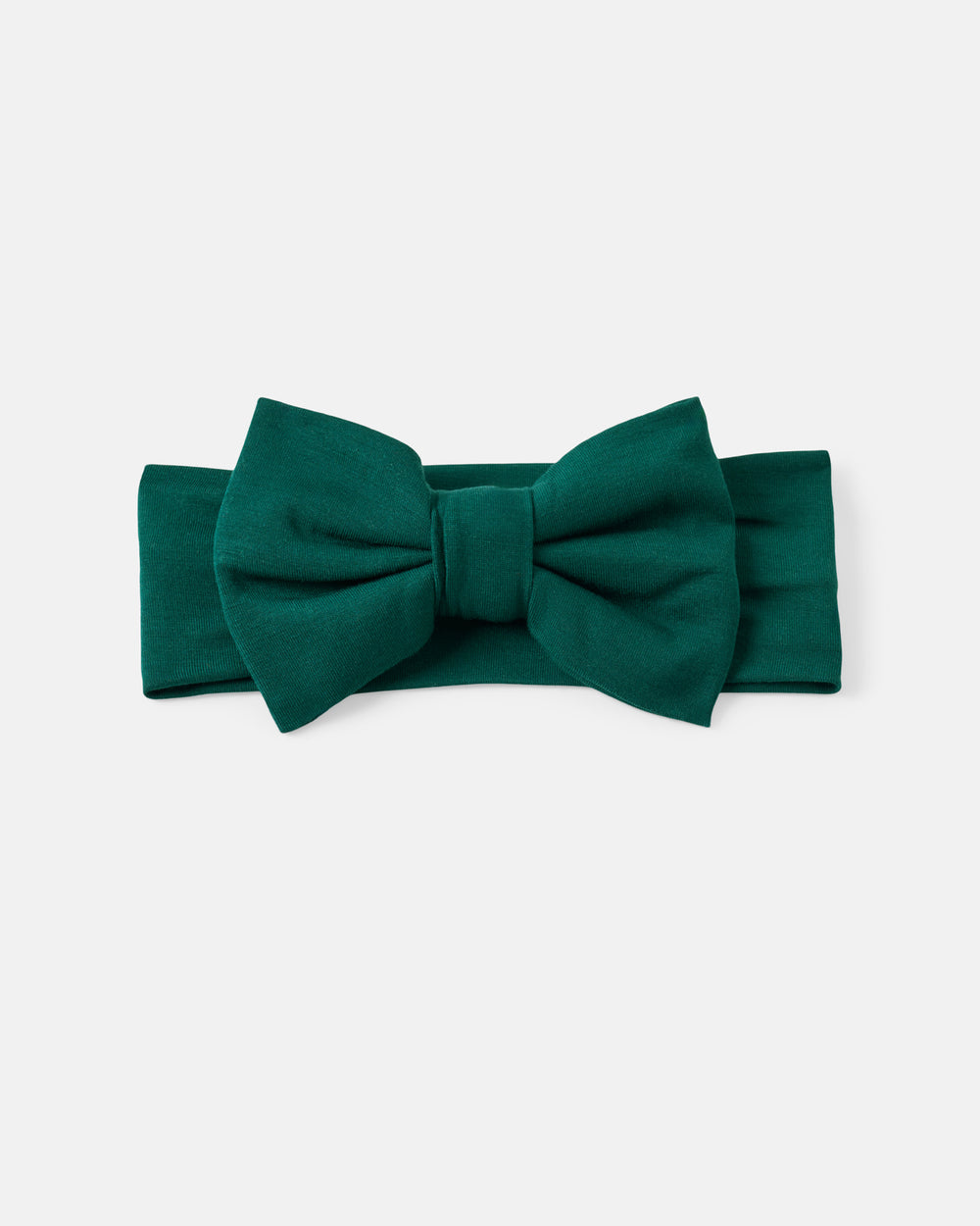 A dark green bow tie with a matching wide fabric band, presented flat against a light gray background.