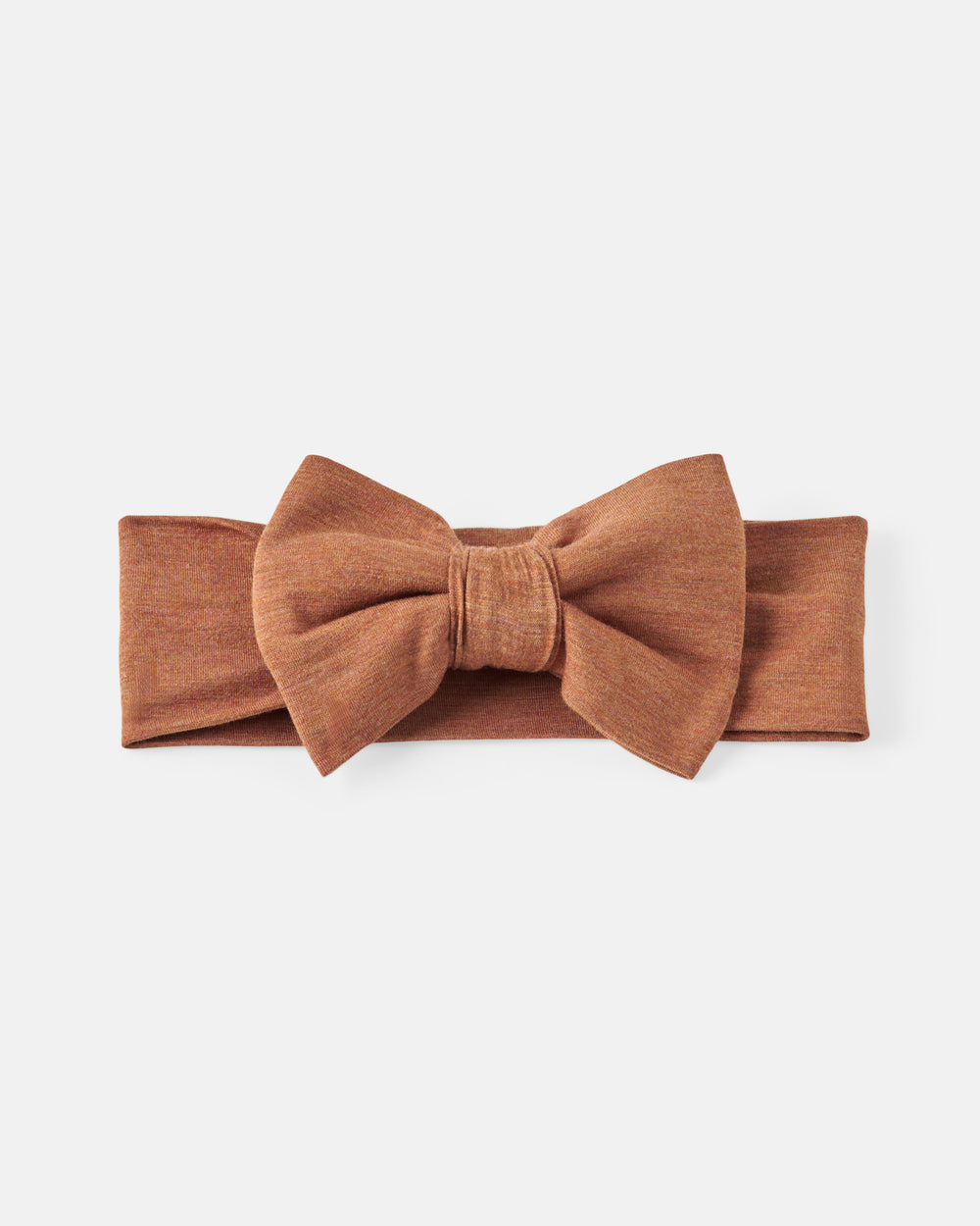 A rust-brown fabric headband with a large matching bow, displayed flat against a light gray background.