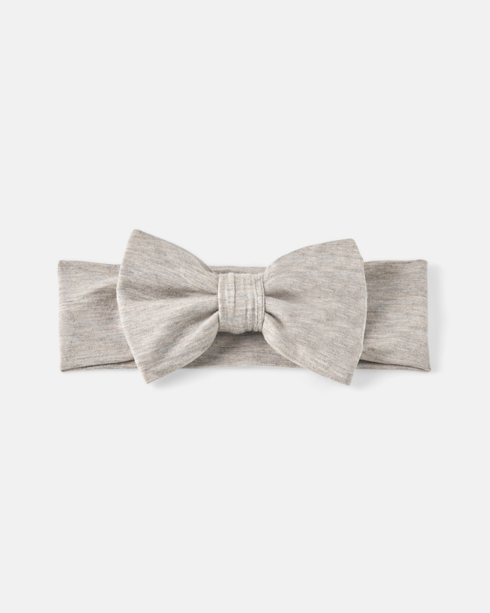 A light gray heathered fabric bow headband, centered on a solid off-white background.