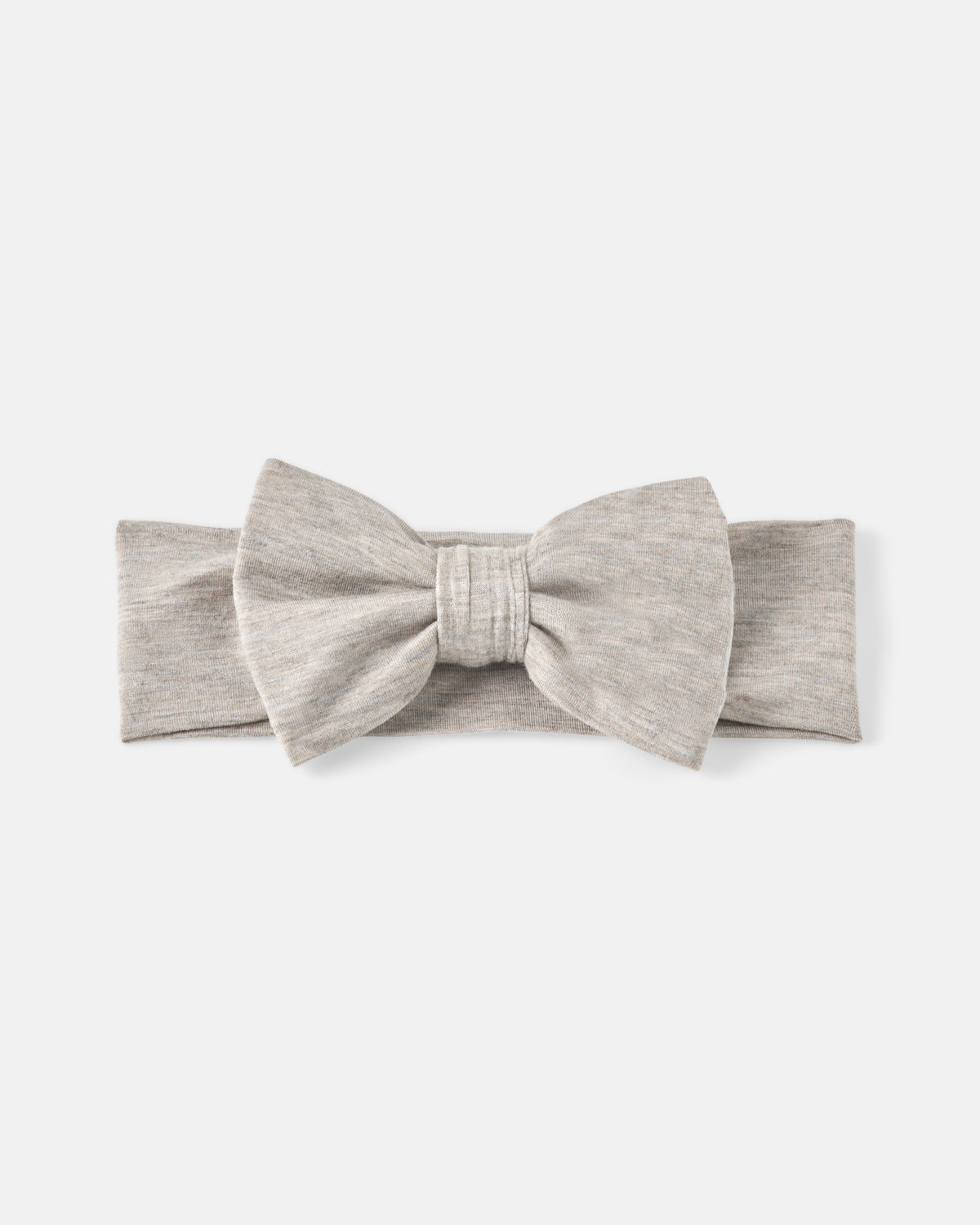 A light gray heathered fabric bow headband, centered on a solid off-white background.