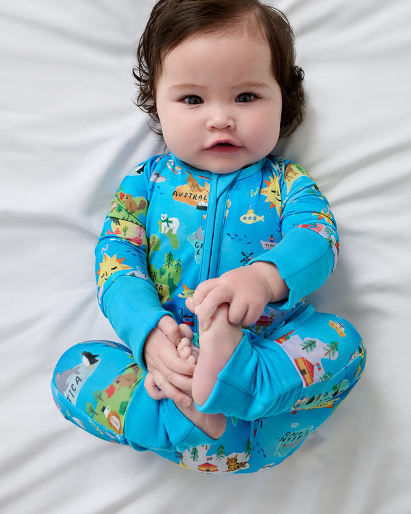 Aerial view of baby wearing the Around The World Zippy