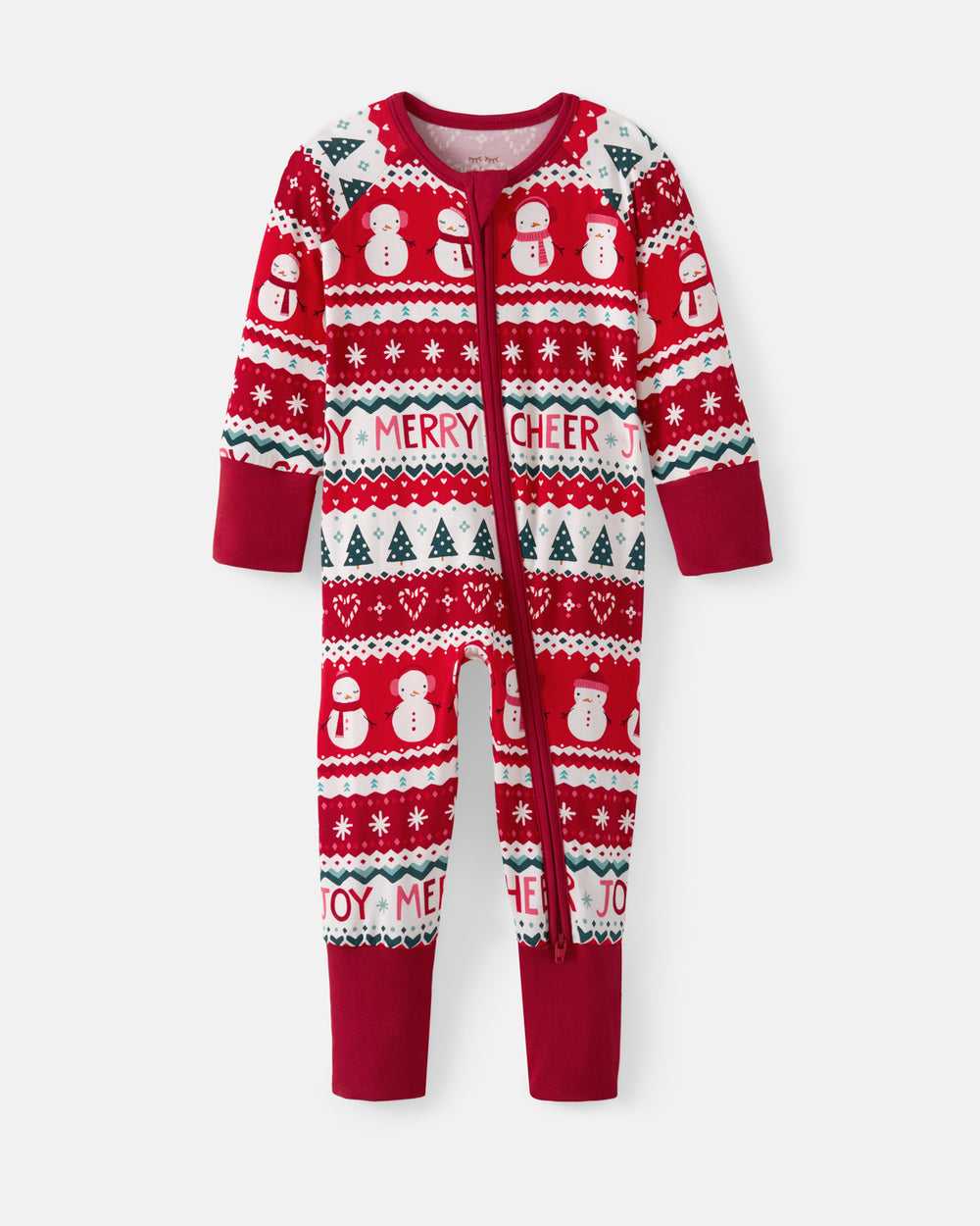 A baby's long-sleeve zip-up footed pajama in a festive red, white, and green holiday knit pattern with snowmen and 'Merry Cheer' text, shown against a light gray background.