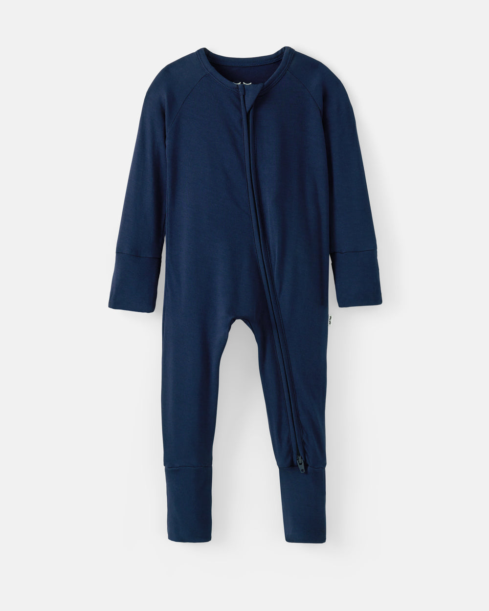 A navy blue baby footie zip-up sleeper, shown flat against a light gray background.