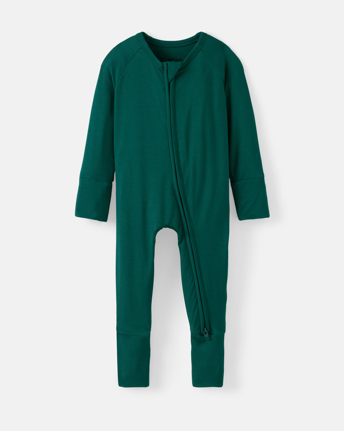 A dark green long-sleeve baby footie one-piece with a front zipper, displayed flat against a light gray background.