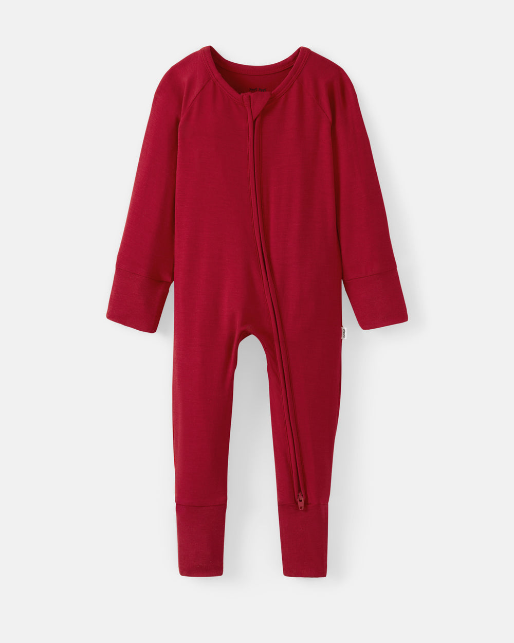 A long-sleeve baby footless one-piece jumpsuit in deep red, featuring an asymmetrical zipper closure down the front, displayed on a clean light gray background.