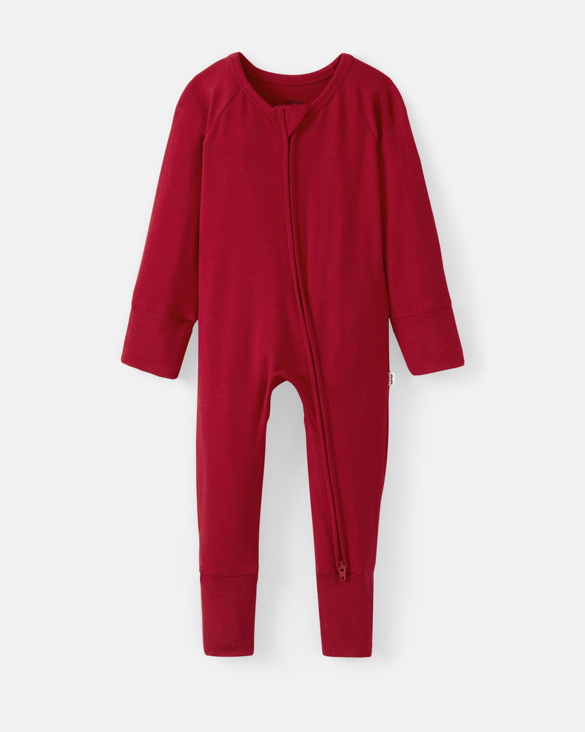 A long-sleeve baby footless one-piece jumpsuit in deep red, featuring an asymmetrical zipper closure down the front, displayed on a clean light gray background.