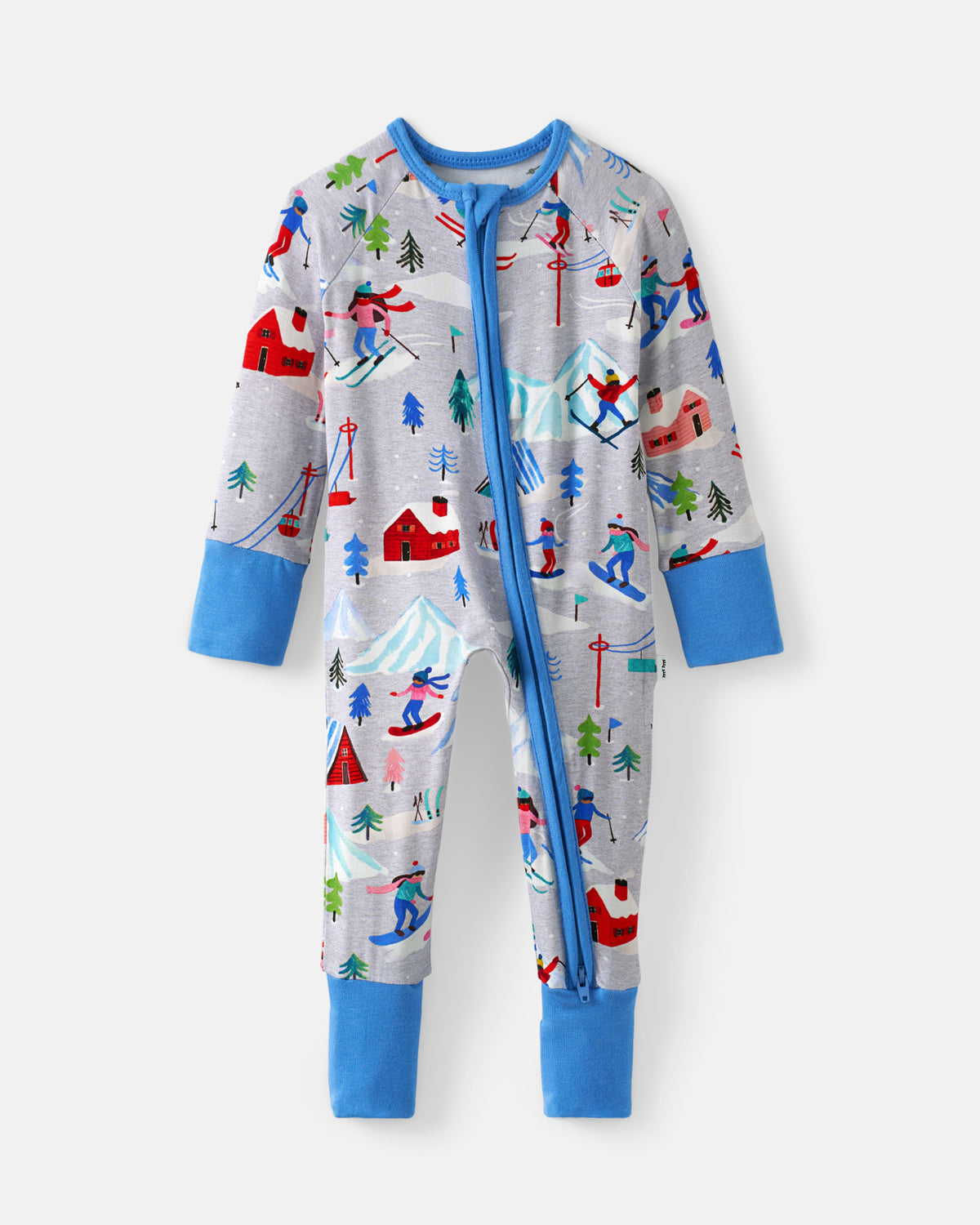 A baby's long-sleeve zip-up footed sleeper in light gray with a colorful winter ski pattern, featuring solid blue cuffs and a blue zipper.