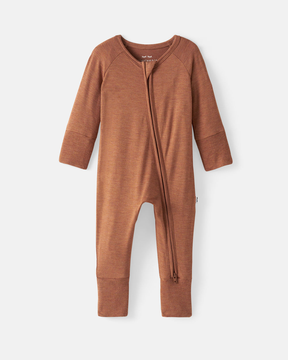 A baby long-sleeve zip-up sleeper in a warm rust brown color, shown flat against a light gray background.