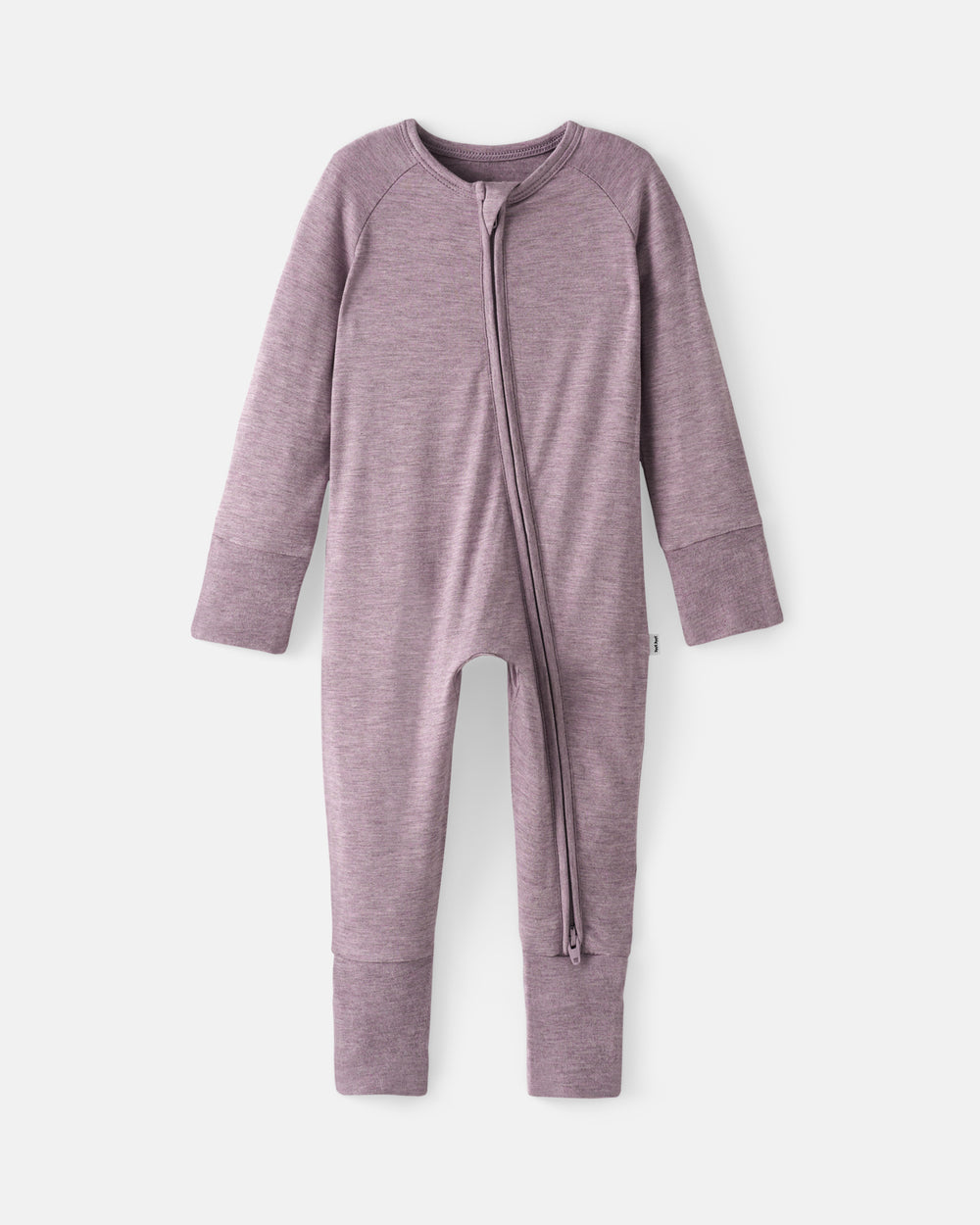 A baby long-sleeve zip-up sleeper in a heathered dusty purple color, displayed flat against a light gray background.