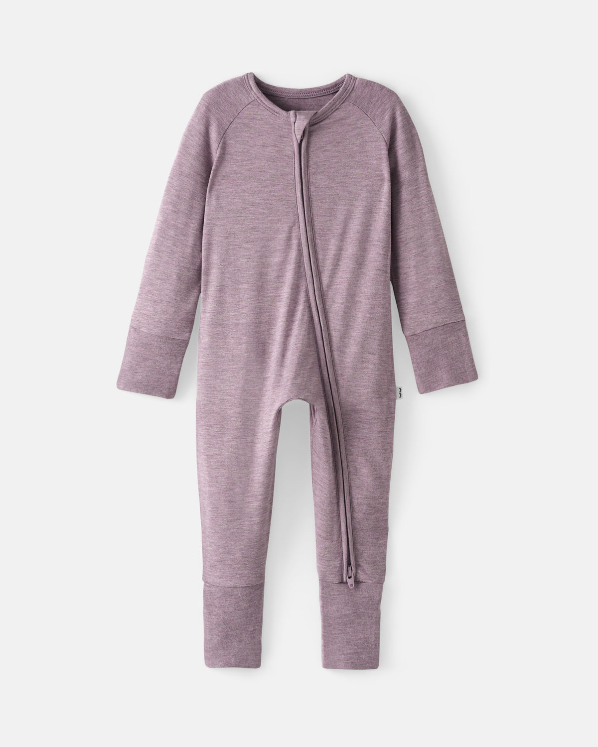 A baby long-sleeve zip-up sleeper in a heathered dusty purple color, displayed flat against a light gray background.