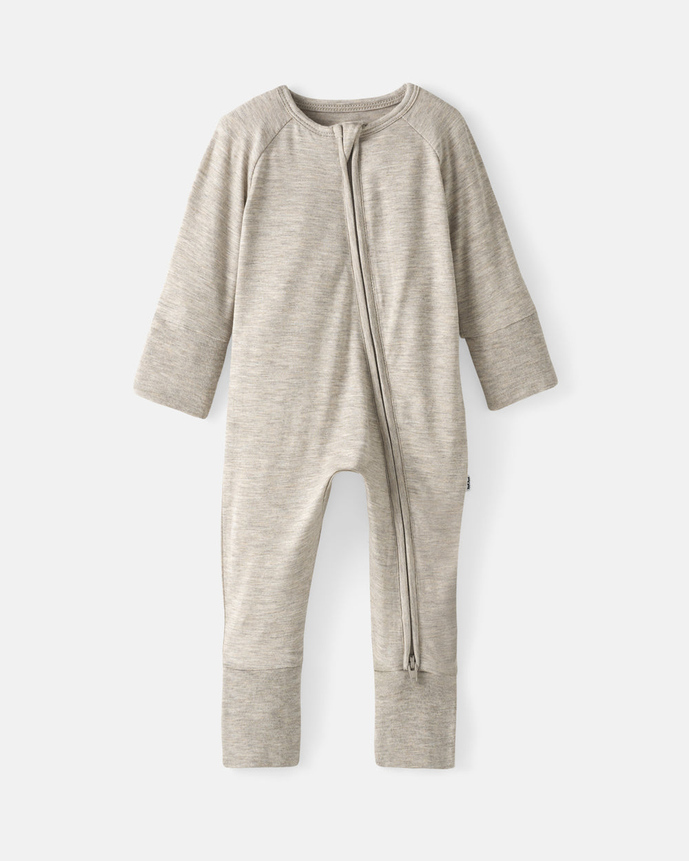 A baby long-sleeve one-piece sleeper in a heathered light beige fabric, featuring a front zipper closure and ribbed cuffs, shown against a light gray background.