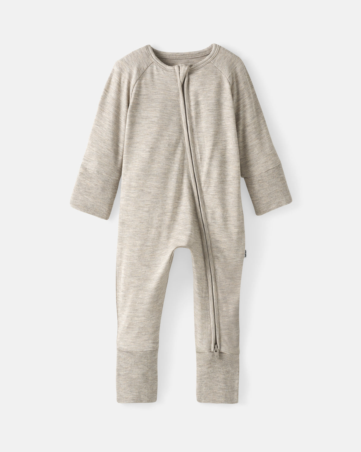 A baby long-sleeve one-piece sleeper in a heathered light beige fabric, featuring a front zipper closure and ribbed cuffs, shown against a light gray background.