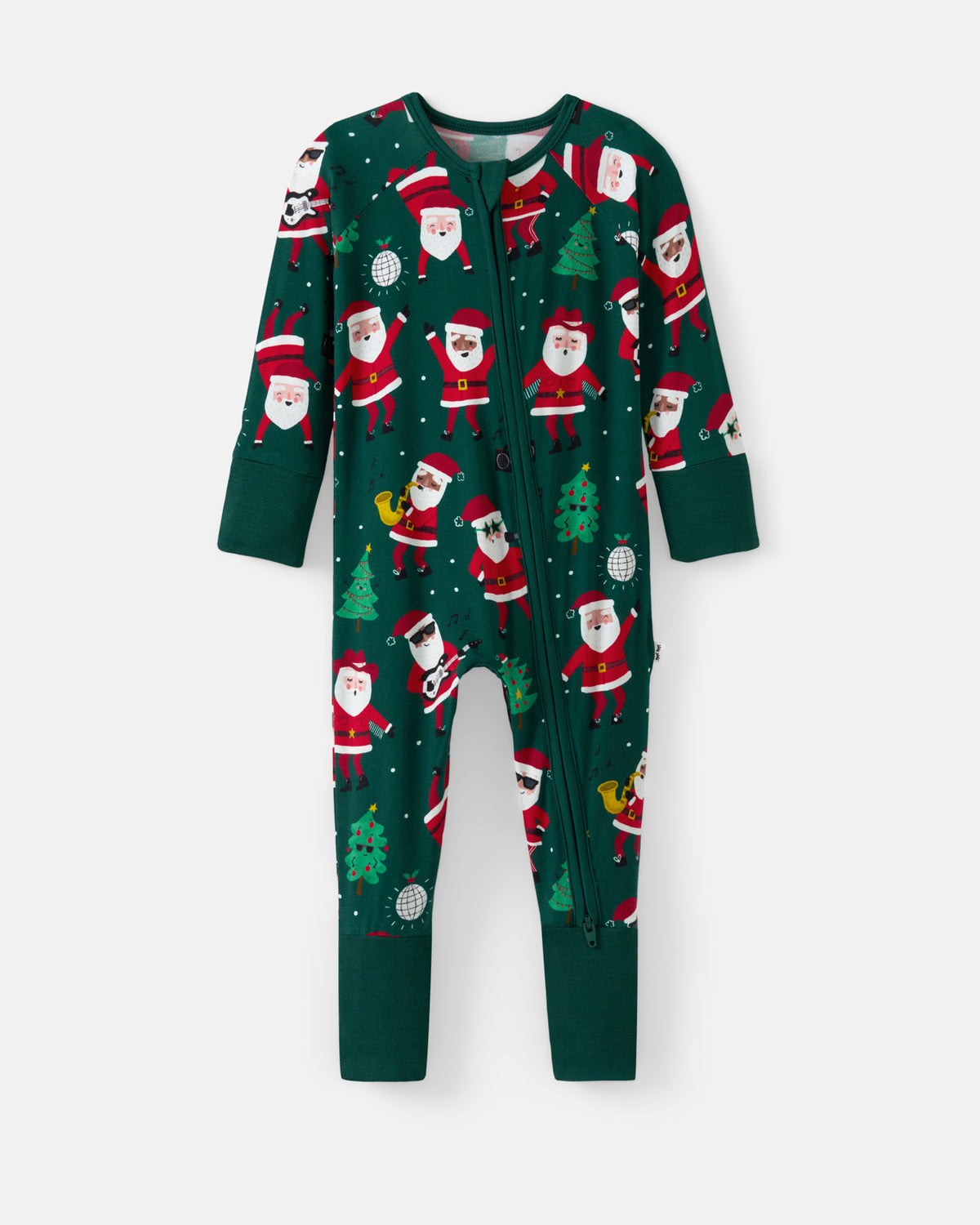 A long-sleeve zip-front baby footed sleeper in dark green, featuring an all-over Christmas print of cartoon Santa Claus figures, Christmas trees, and snowflakes, shown against a light gray background.